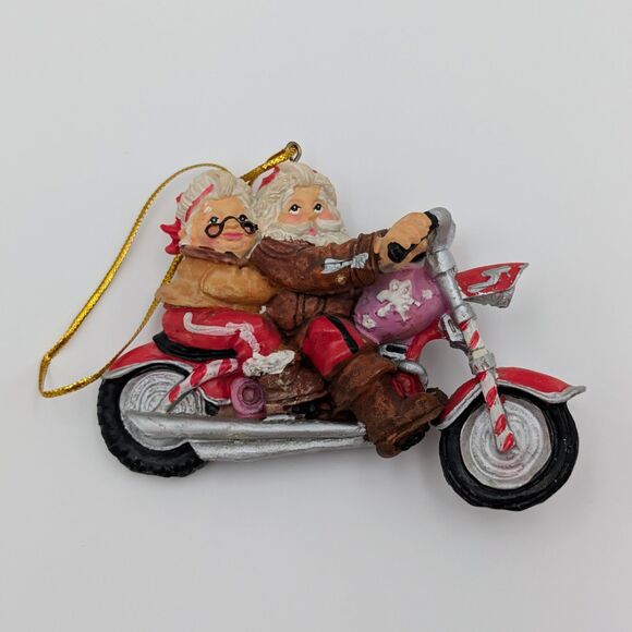 Motorcycle Santa Christmas Ornaments Set of 3 Hanging Resin Mr & Mrs Claus Biker - Picture 5 of 10
